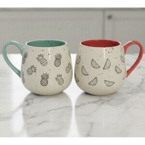 Set of 2 Meritage Mugs Green Pineapple And Red Watermelon Designs B&W Speckled